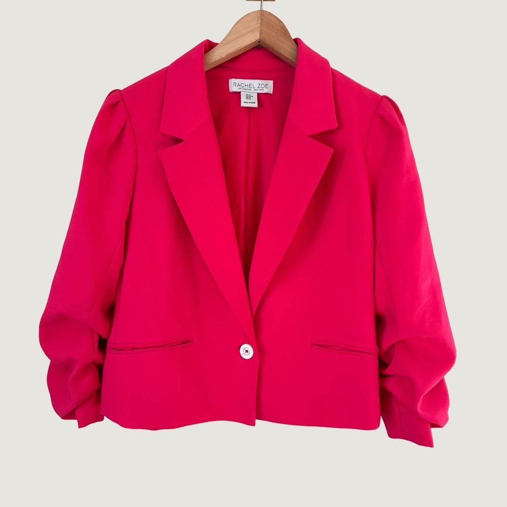 Rachel Zoe Hot Pink Cropped Blazer Puff Shoulder Single Button Jacket Medium